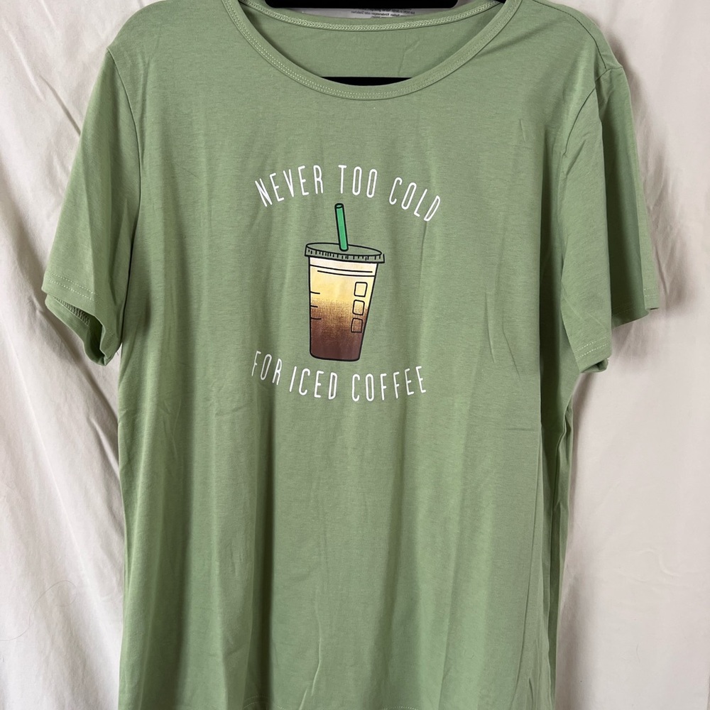 Green Graphic Tee - Never Too Cold for Iced Coffee XL